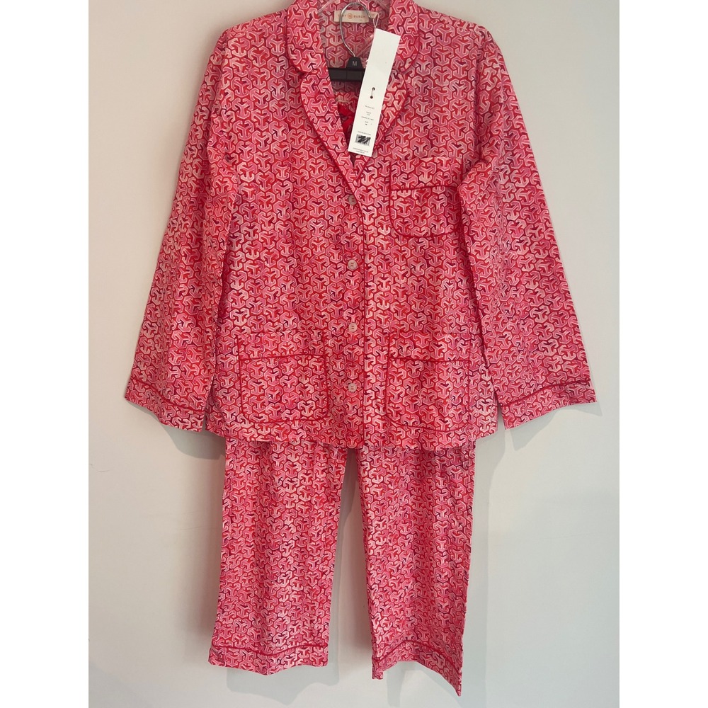 Tory Burch Leanne Cotton Pajama Set Pink Red Geometric Logo Print Size Med. NWT